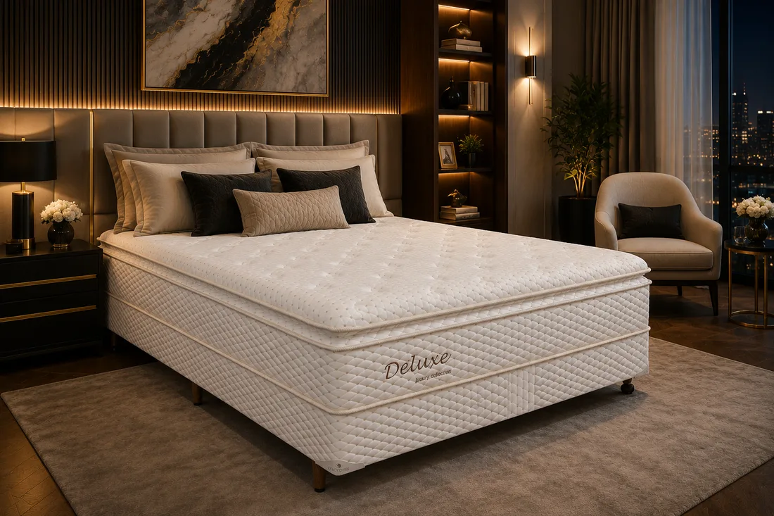 Colchão Colchobel Deluxe da linha Luxury Collection, conjunto montado em quarto