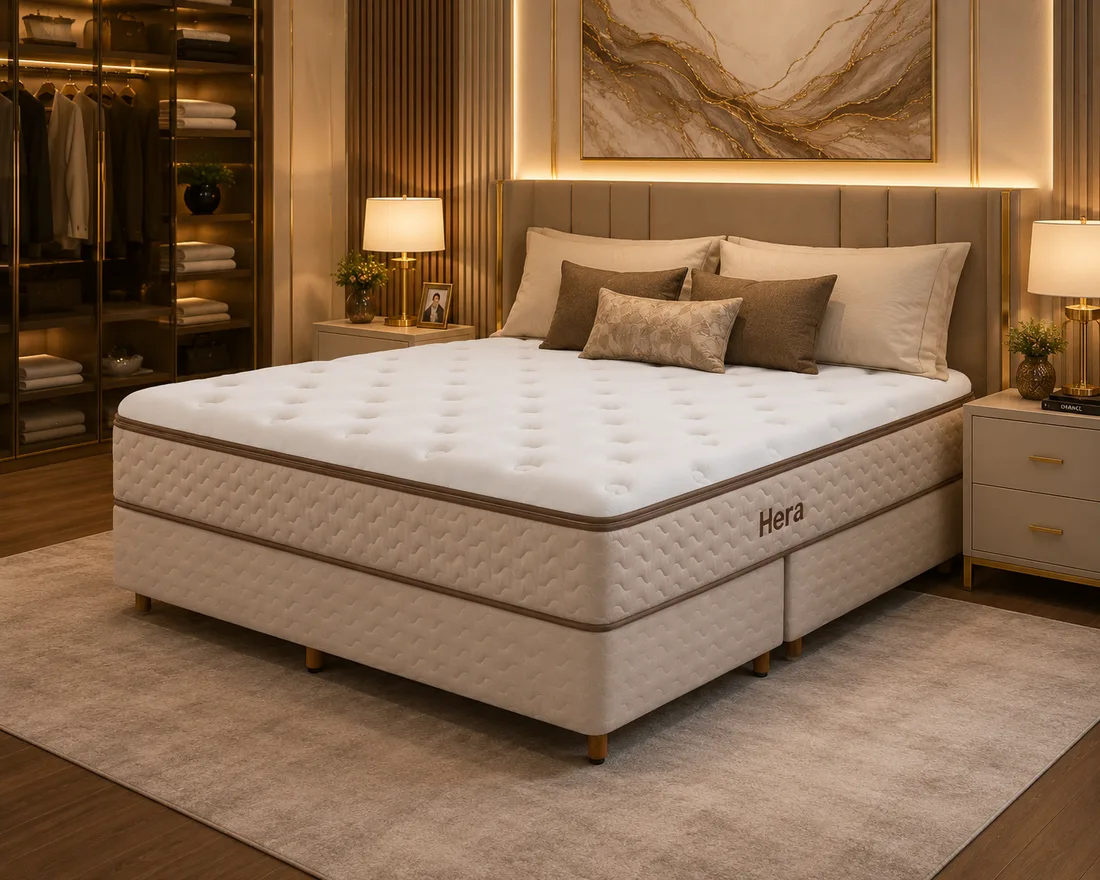 Colchão Colchobel Hera da Luxury Collection, base box clara e pillow top acolchoado