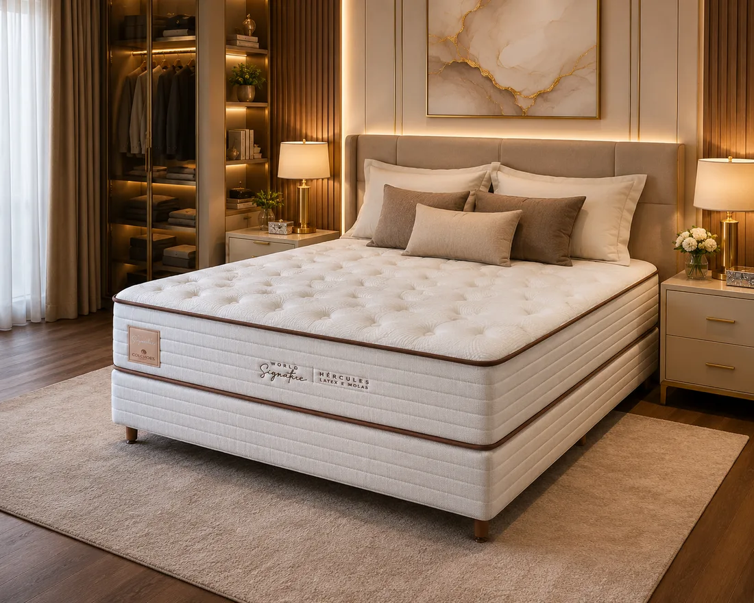 Colchão Colchobel Hercules da linha World Signature, conjunto montado em quarto
