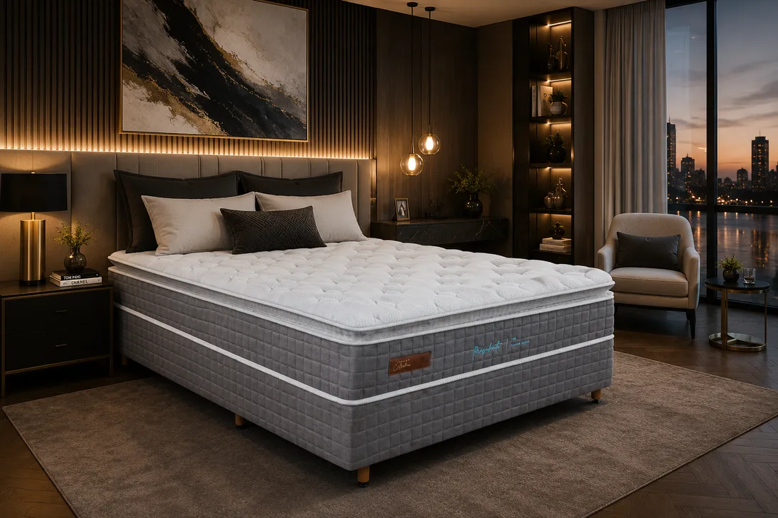Colchão Colchobel Presidente da Luxury Collection, base box cinza-grafite e pillow top branco